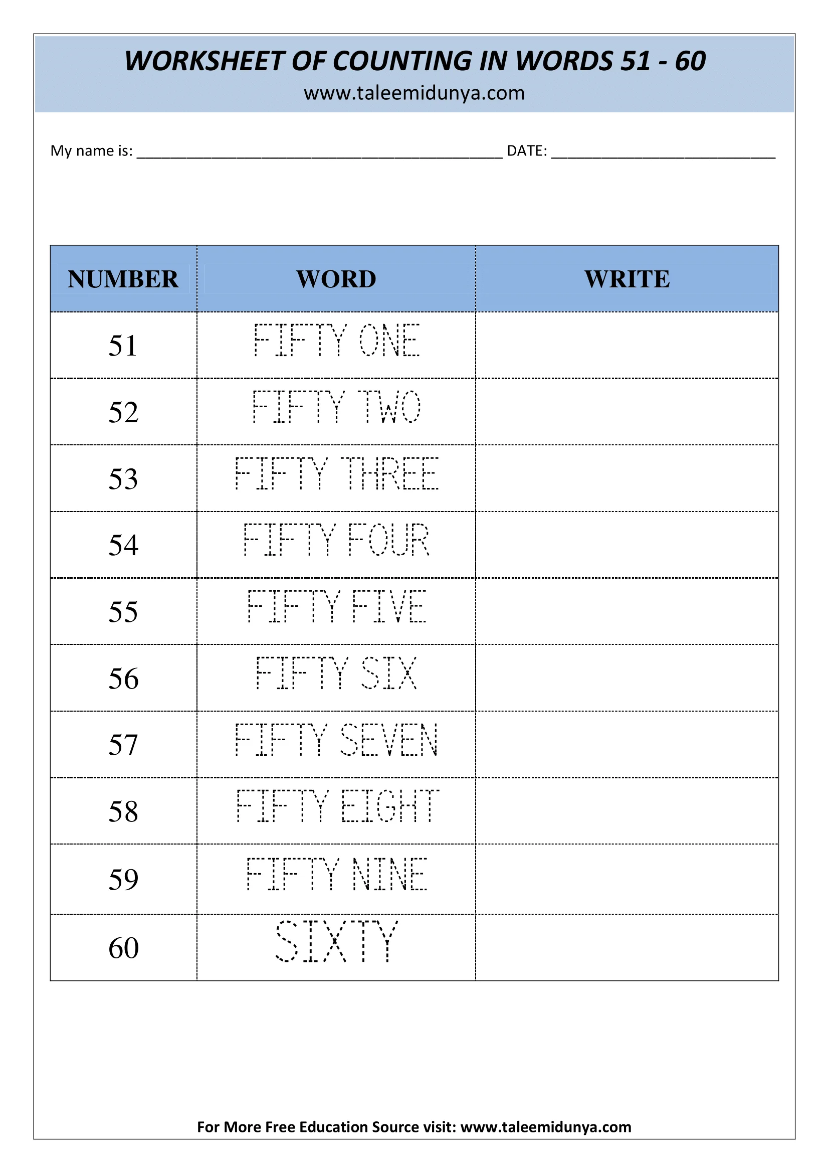 COUNTING IN WORDS 51-60